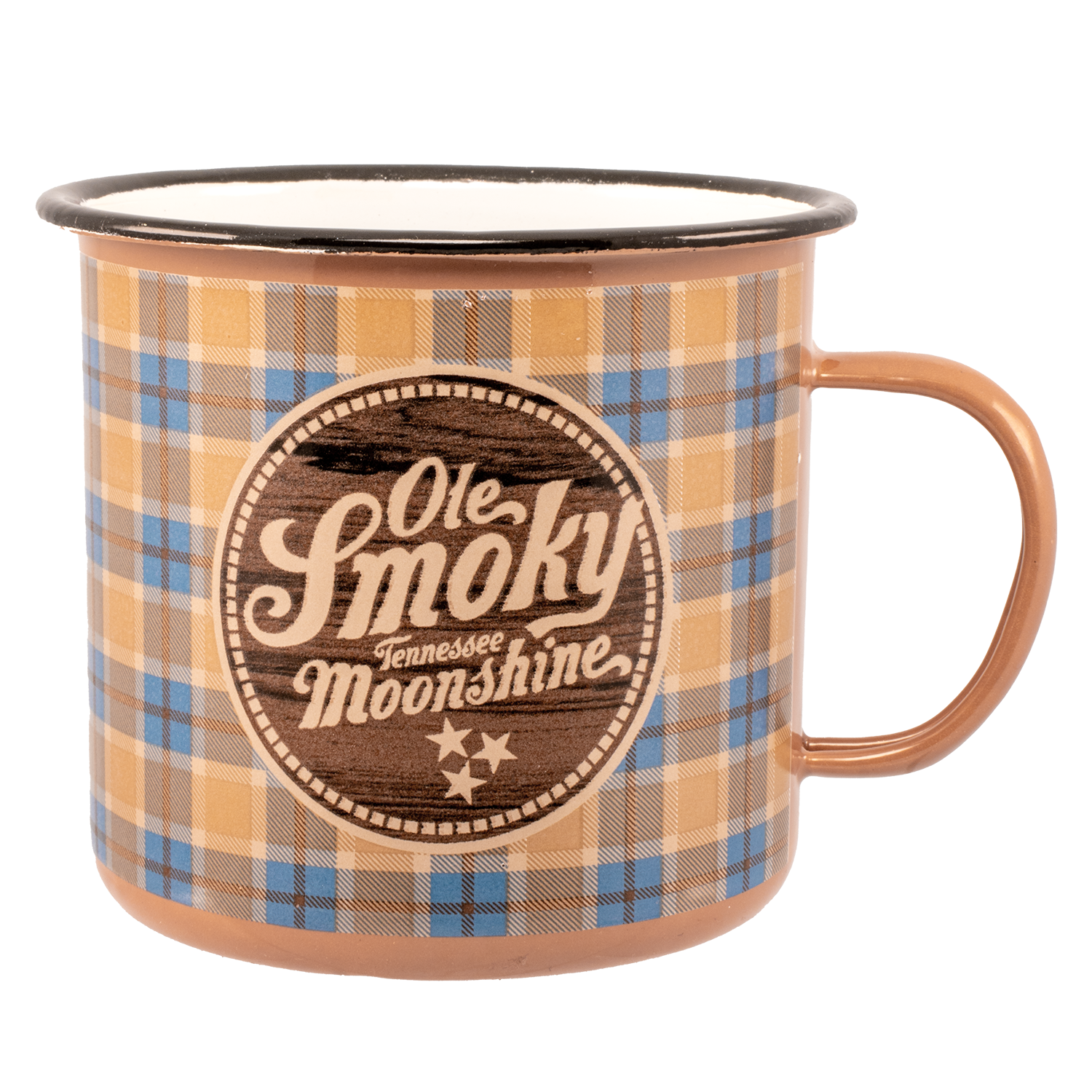 BLUE/BROWN PLAID ENAMEL MUG