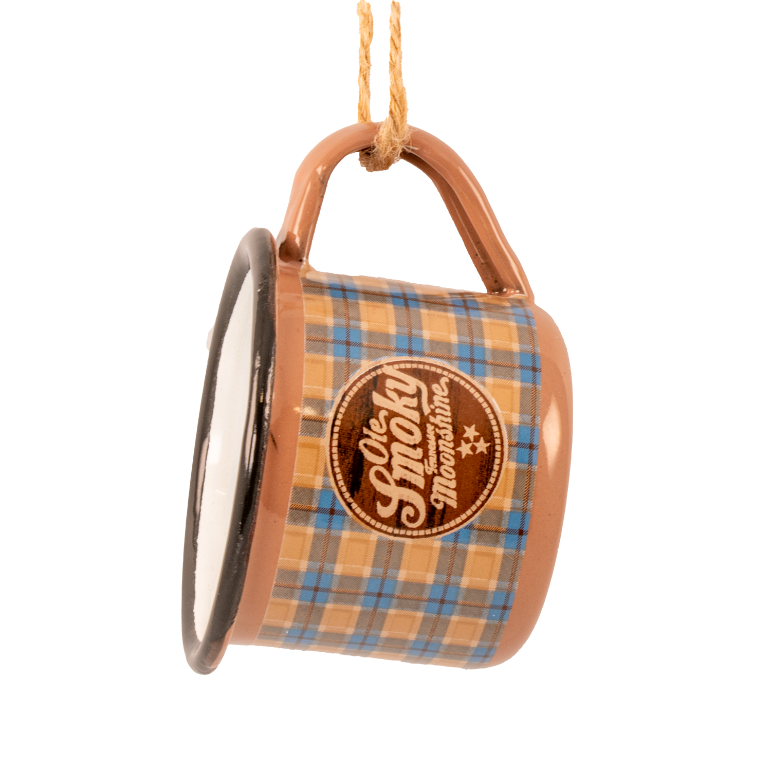BROWN/BLUE PLAID ENAMEL MINI MUG ORNAMENT